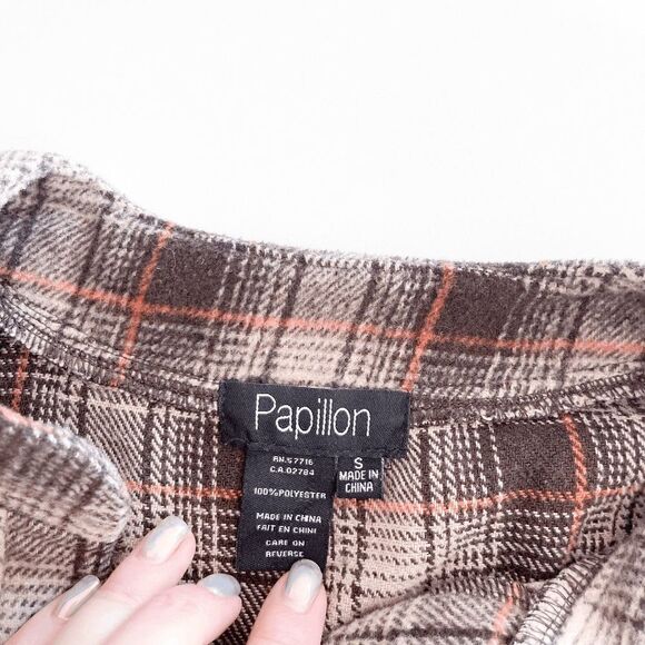 Papillon Womens Long Sleeve Plaid Curved Hi-Lo Hem Brown Tan Top Size S - Picture 3 of 6